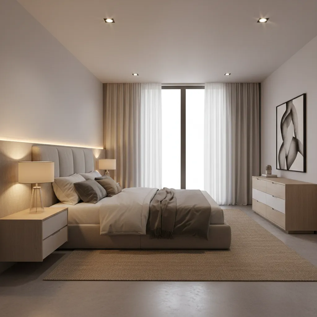 bedroom interior showing layered lighting with ceiling lights bedside lamps and LED accents