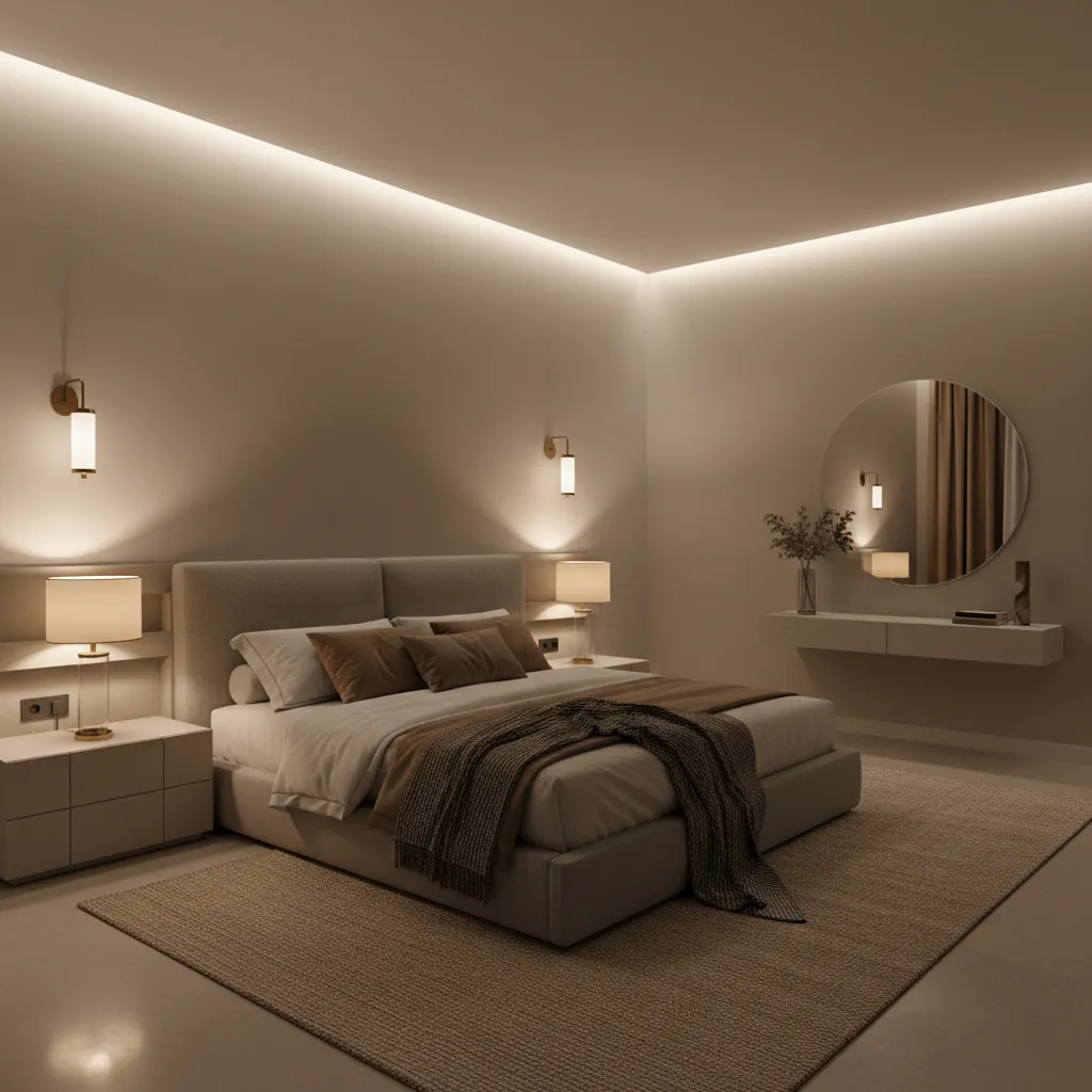 Bedroom with layered lighting including ceiling light lamps and sconces