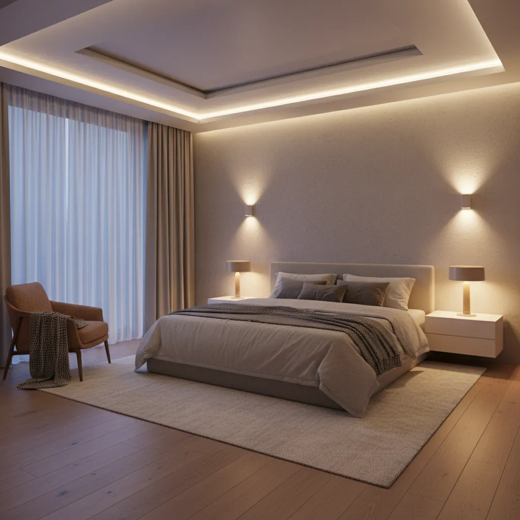 Bedroom showing layered lighting with lamps sconces and ceiling light