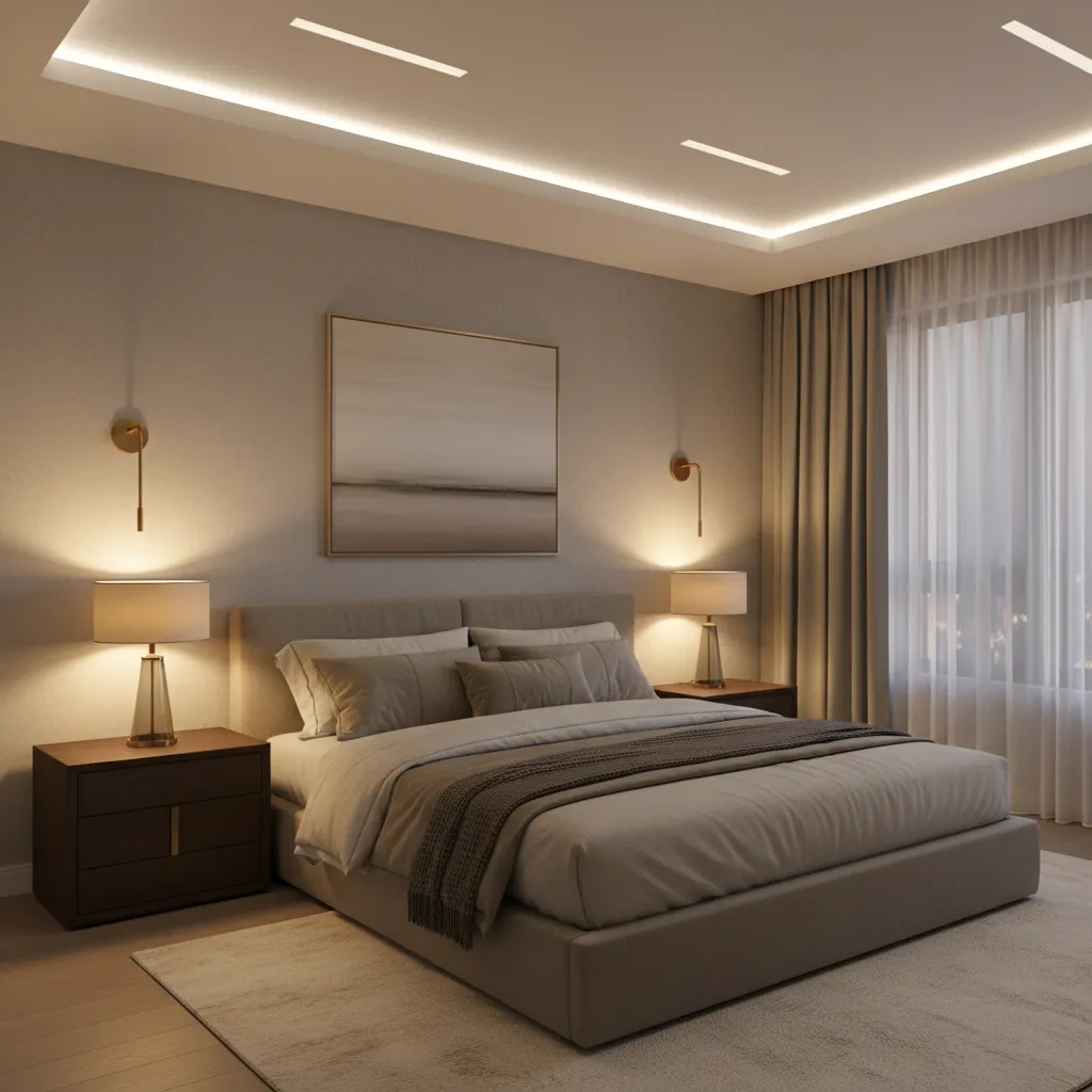 bedroom showing layered lighting with lamps sconces and ceiling light