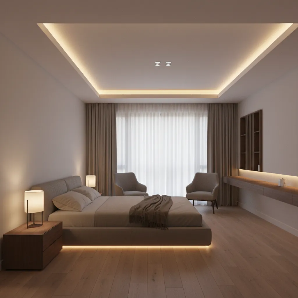 Bedroom demonstrating layered lighting with ceiling light bedside lamps and accent lighting