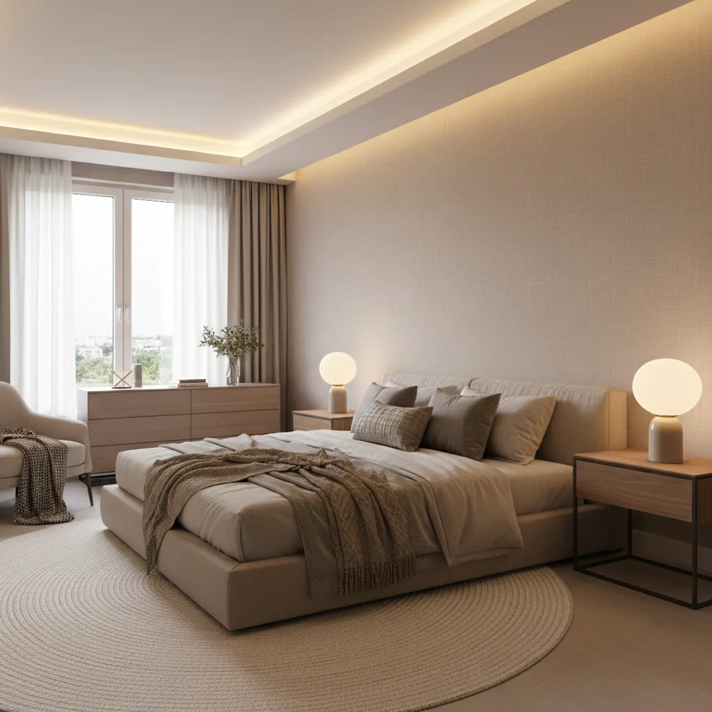 Bedroom showing layered lighting with bedside lamps and warm ambient light