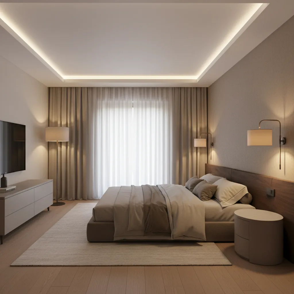 Bedroom lighting layout showing layered lighting with ceiling light bedside lamps and corner lamp