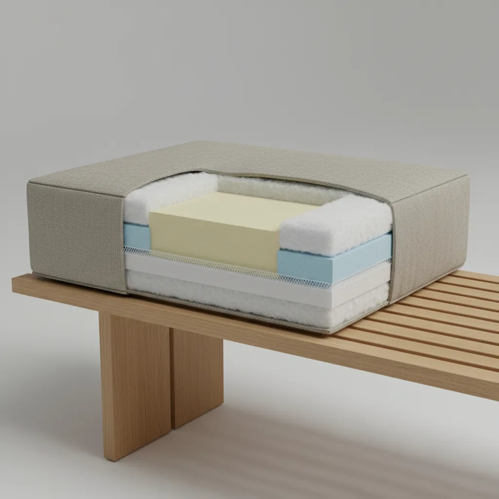 Layered bench cushion design showing foam and fiber layers