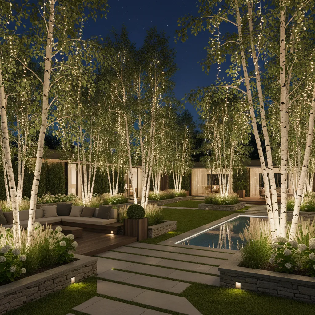Birch trees with LED lights on trunks and fairy lights in branches