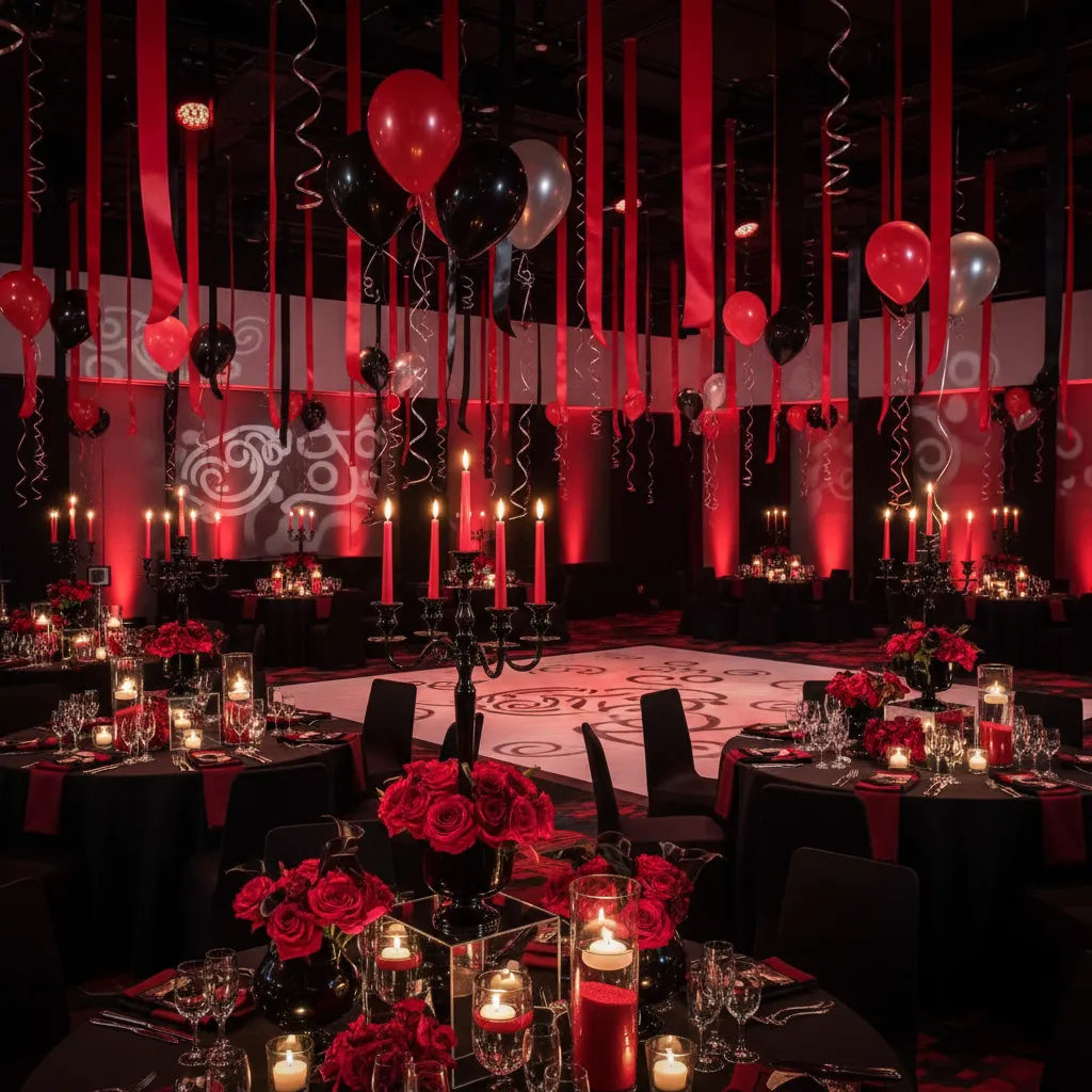 Layered black and red party decorations with balloons tables and hanging accents