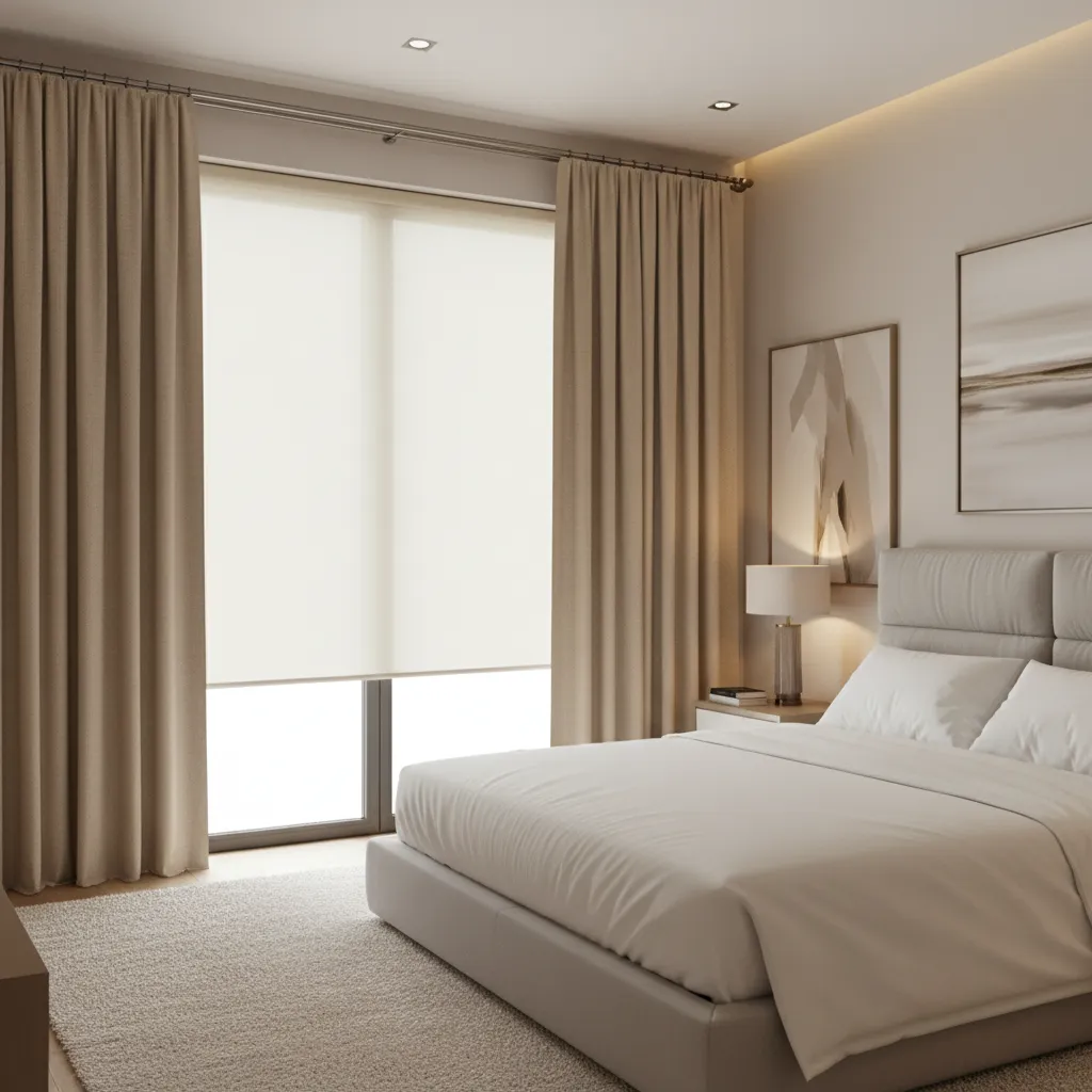 window with layered blackout curtain and roller shade system