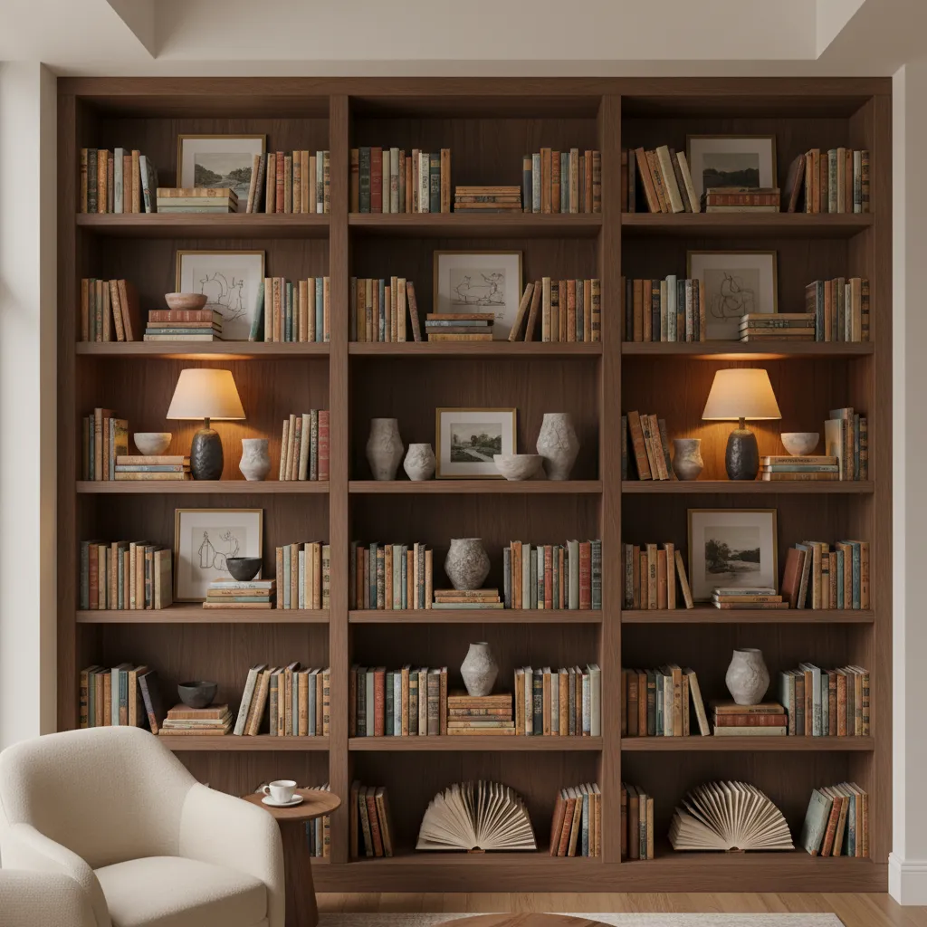 Bookshelves with books, art, and ceramics creating layered living room decor