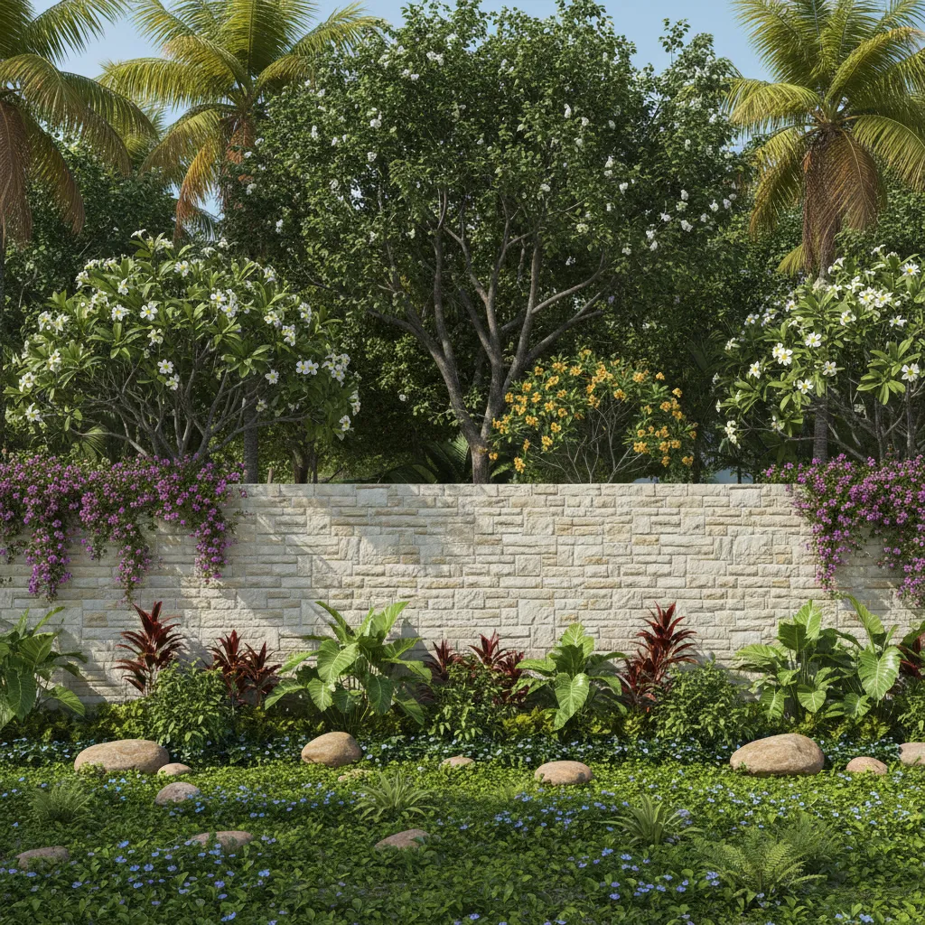 Layered green buffer with trees shrubs and groundcover along residential boundary wall