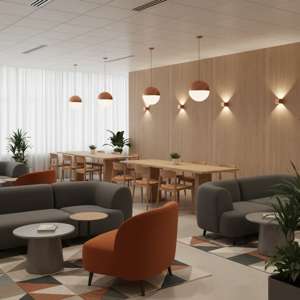 Layered lighting design in office break room with pendants wall lights and ambient ceiling lighting