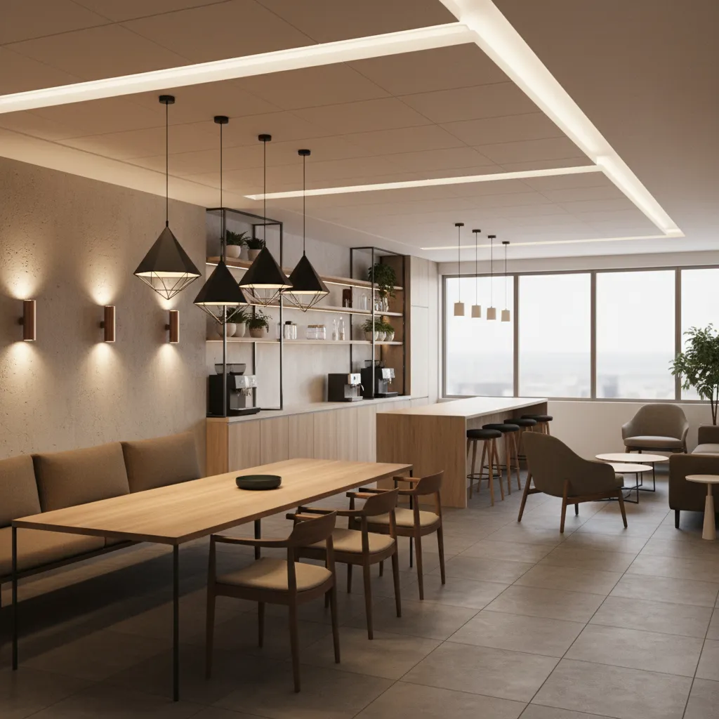 Break room with layered lighting including pendants wall lights and ambient lighting