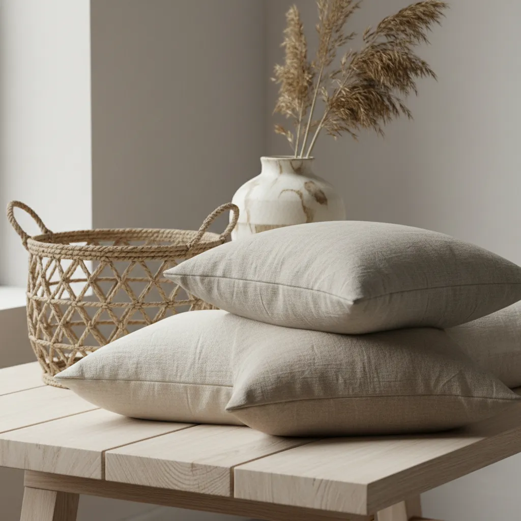 Close view of layered textures including linen pillows ceramic vase and woven basket