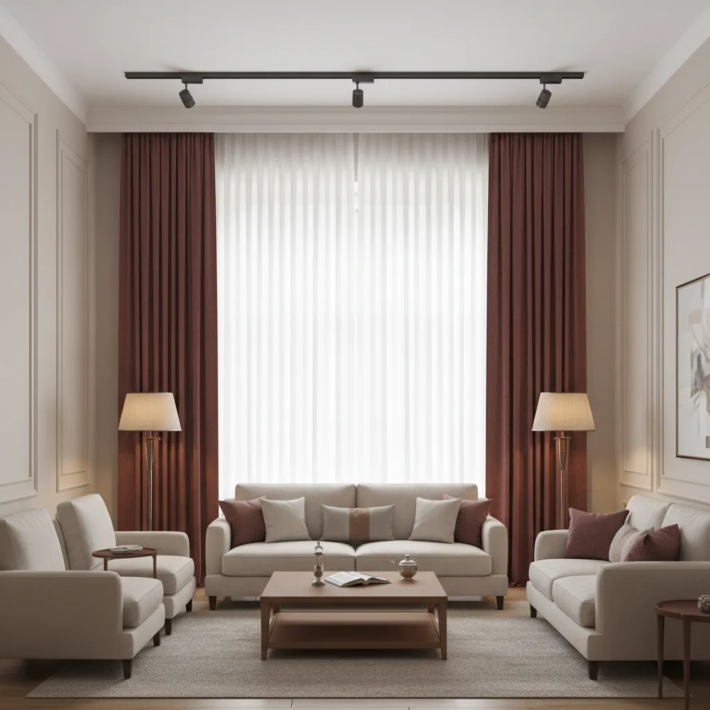 Layered window treatment with sheer curtains and burgundy drapes