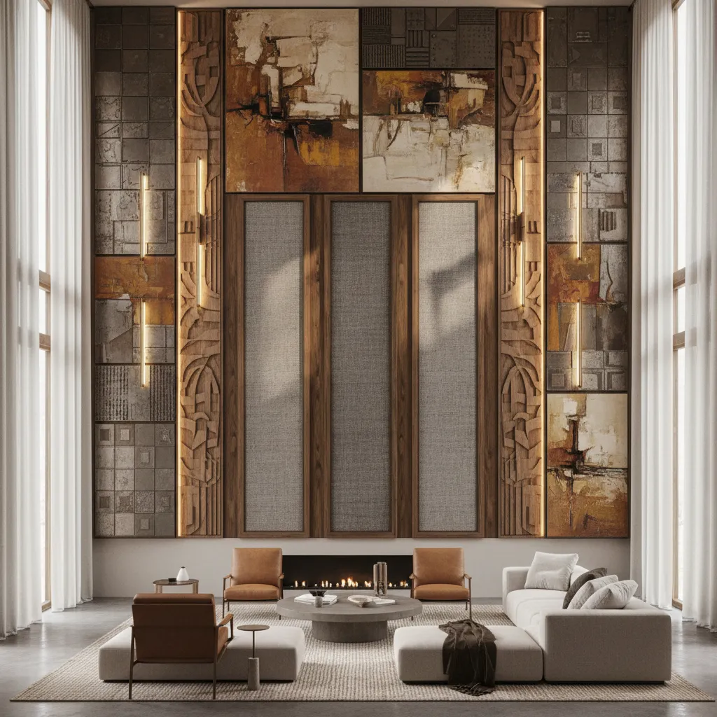 Well-designed cathedral wall with layered art, sconces, and vertical balance