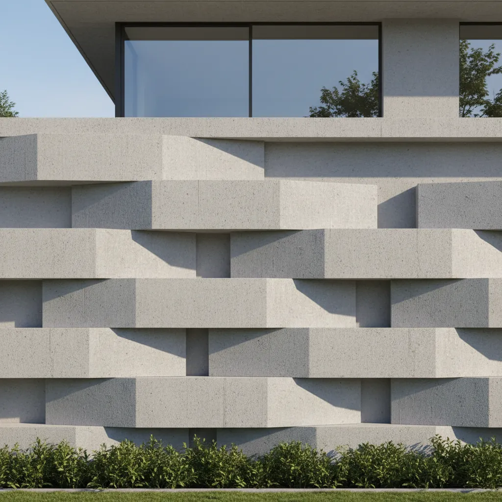 Layered concrete front wall design with raised panels and geometric volumes