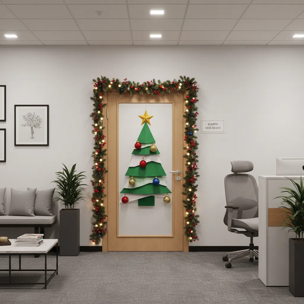 layered christmas office door decoration with 3d tree elements