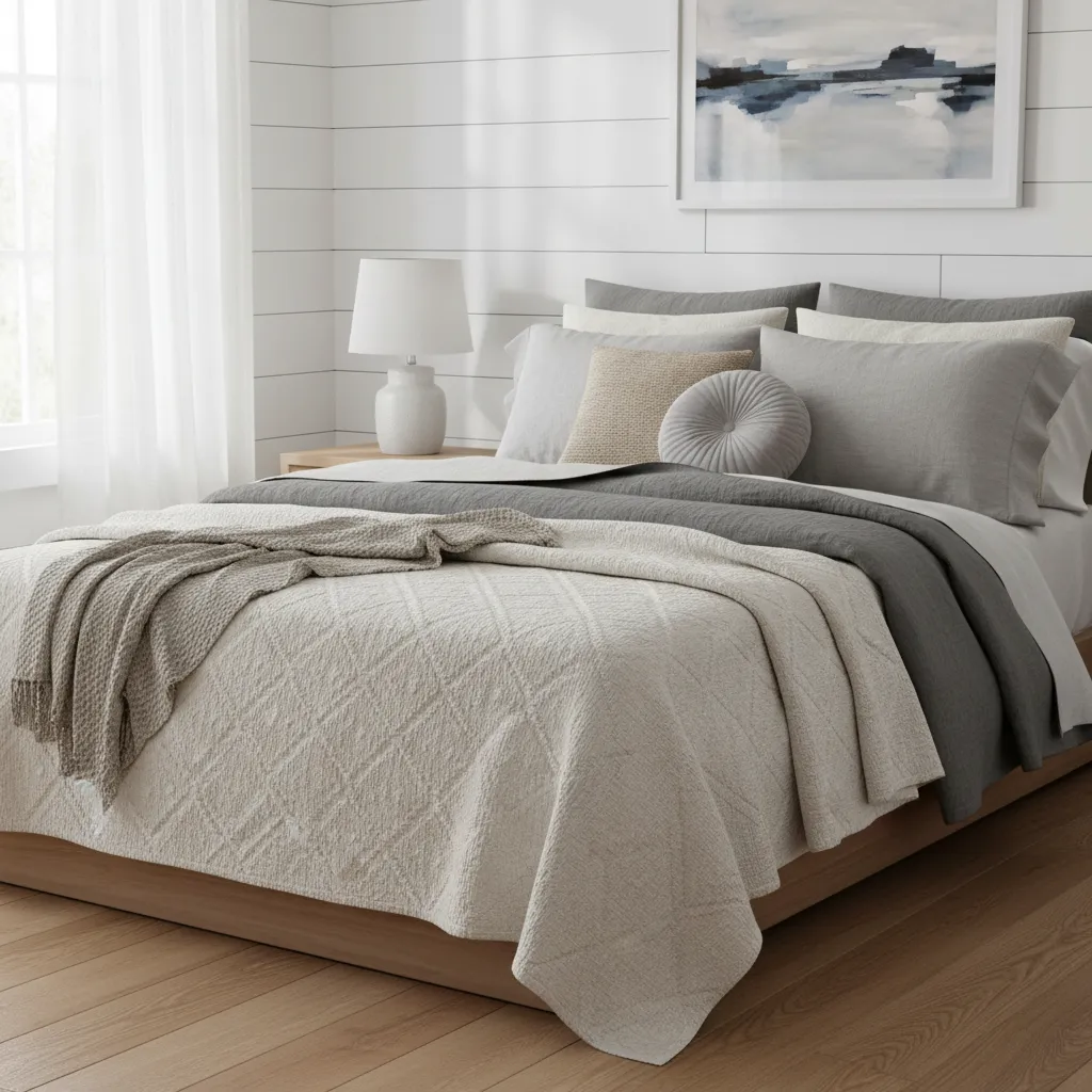 Grey coastal bedroom bed styled with layered linen quilt and textured pillows