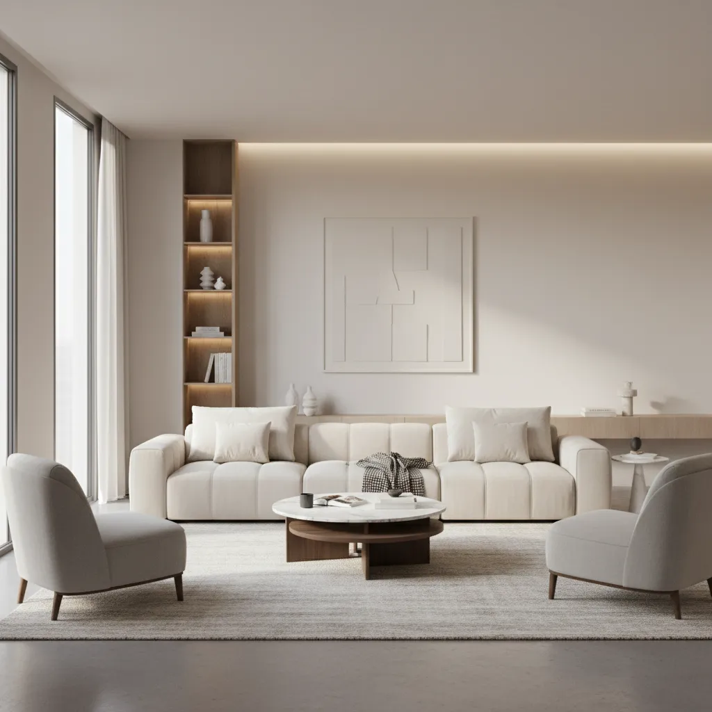 Layered coffee table centered in a modern living room seating layout