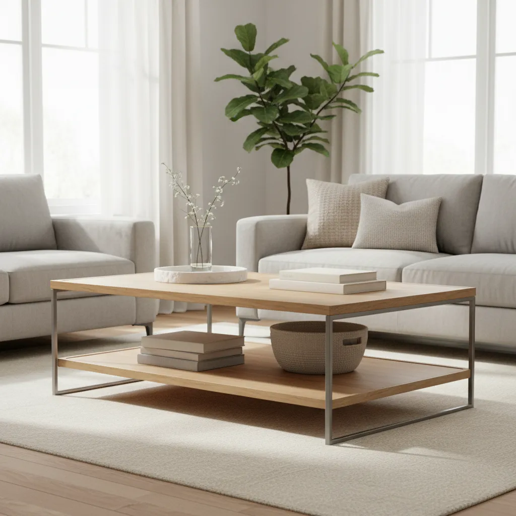 Home staging style layered coffee table with minimal decor and open lower shelf