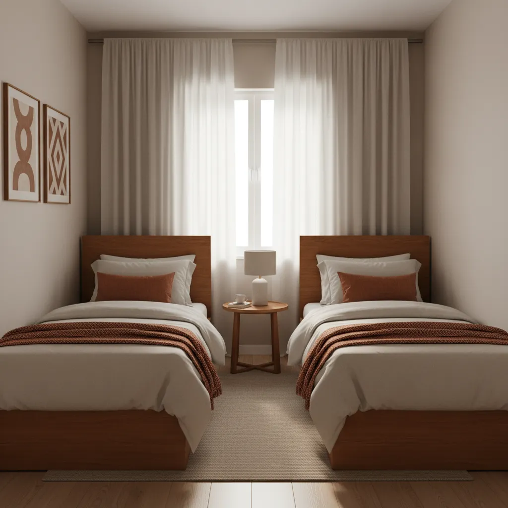 compact twin bedroom showing layered neutral colors with soft accent decor