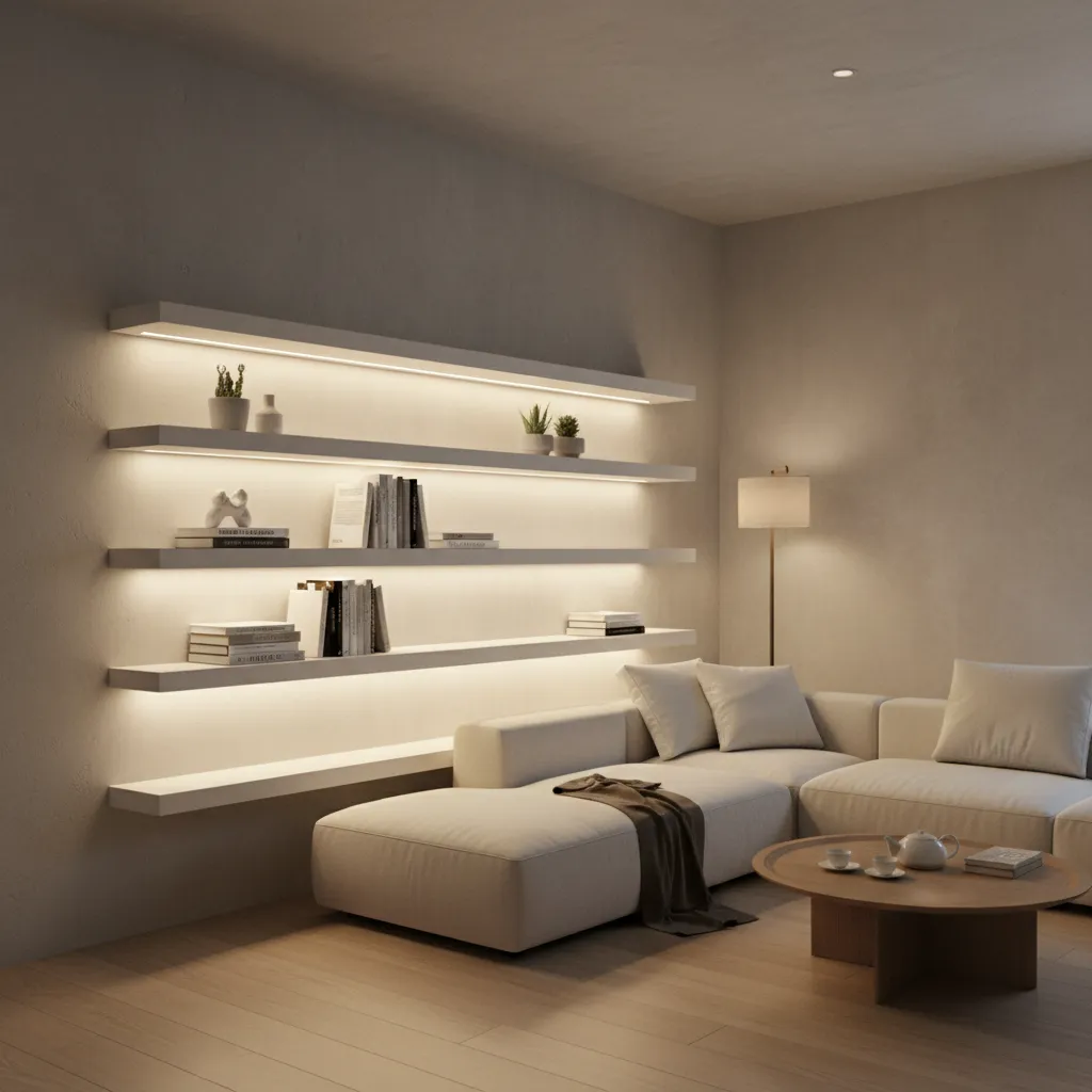 living room corner shelf lighting combined with ambient ceiling lighting