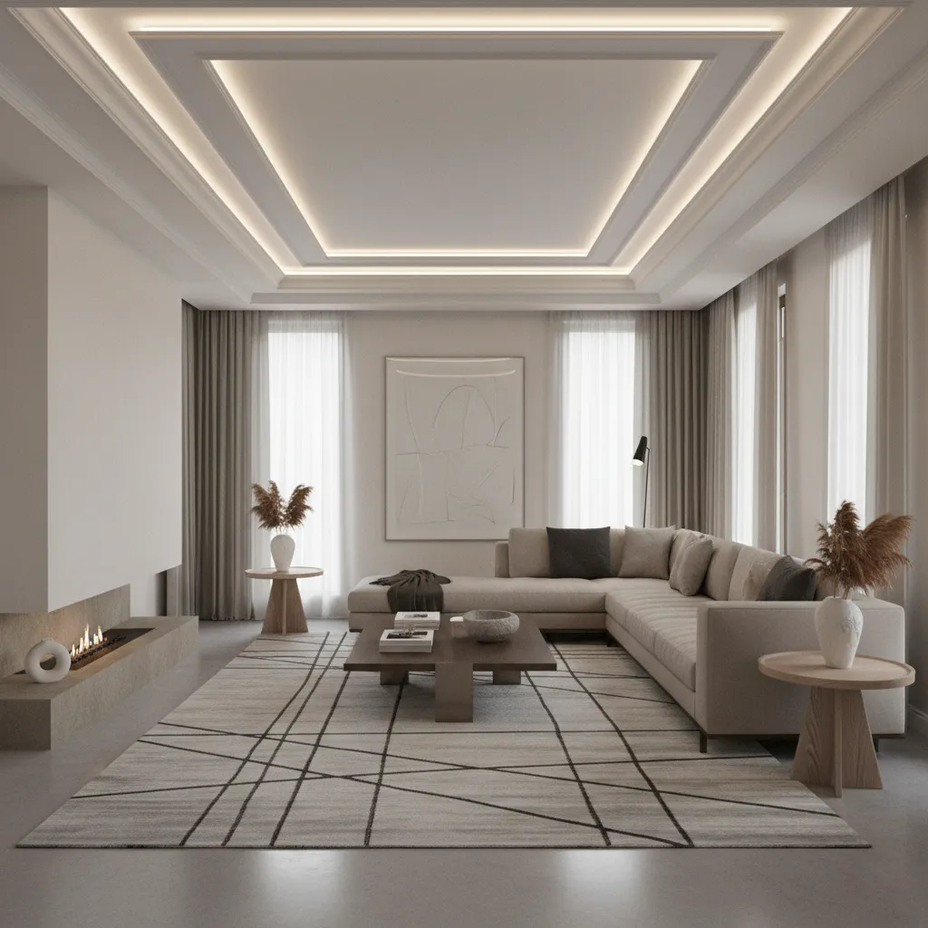 layered geometric cornice design around ceiling in contemporary living room