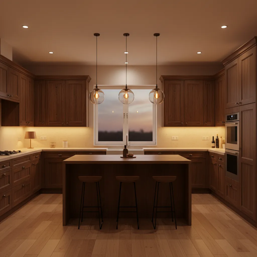 Kitchen with layered warm lighting including pendant lights and under cabinet lights