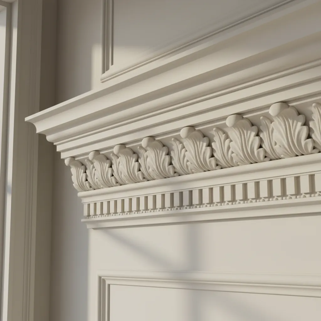 close view of layered crown molding profiles