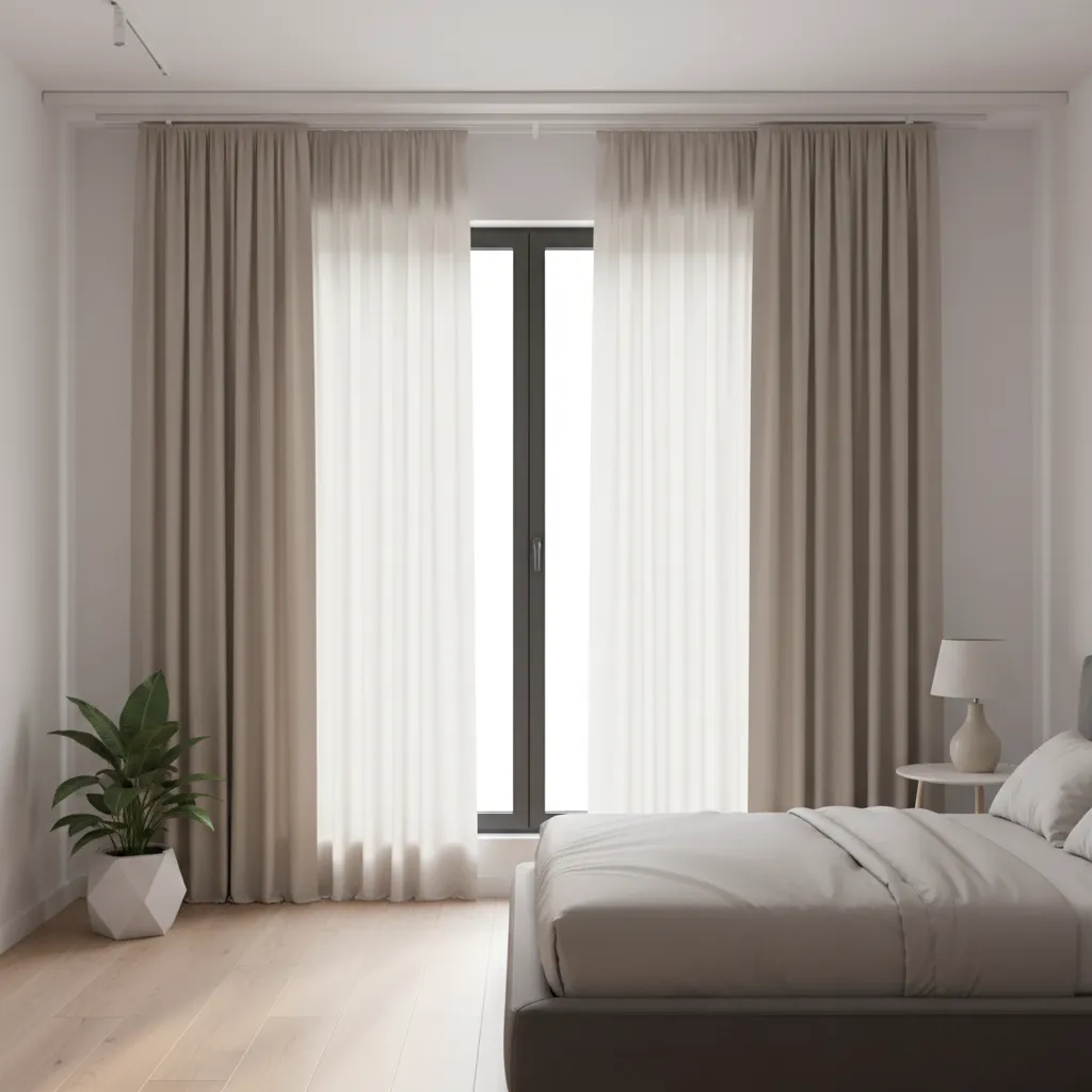 modern window with layered sheer and blackout curtains