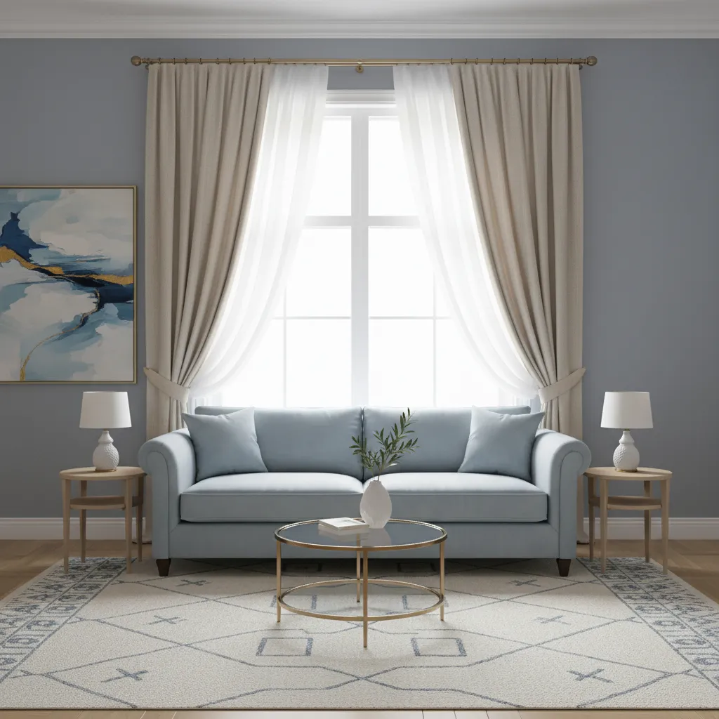 Layered curtains with sheer panel improving look of blue wall living room