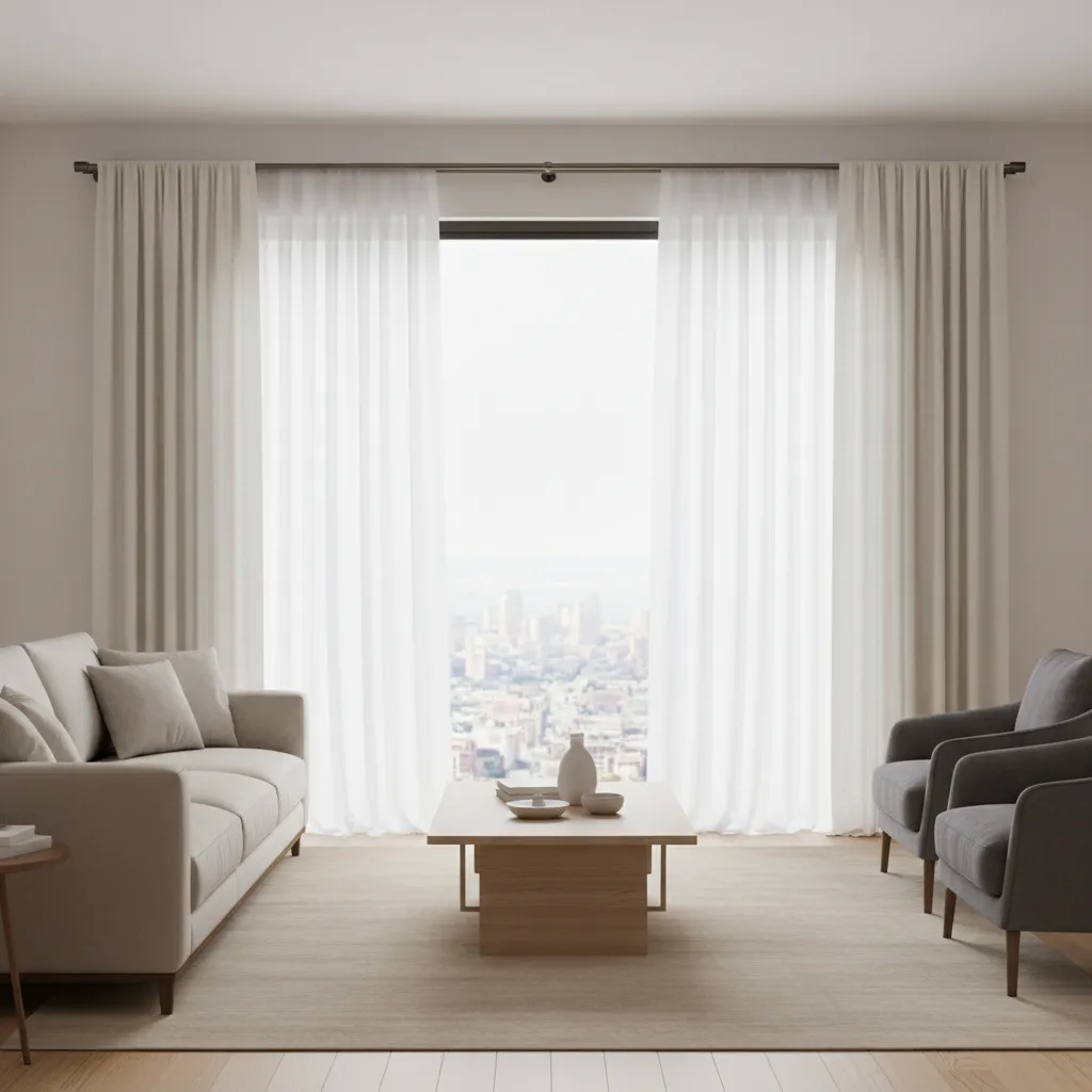 Layered sheer and fabric curtains on cream wall window