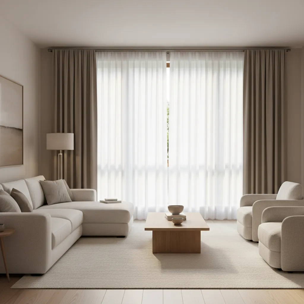 Layered white sheer curtains and brown drapes in modern living room