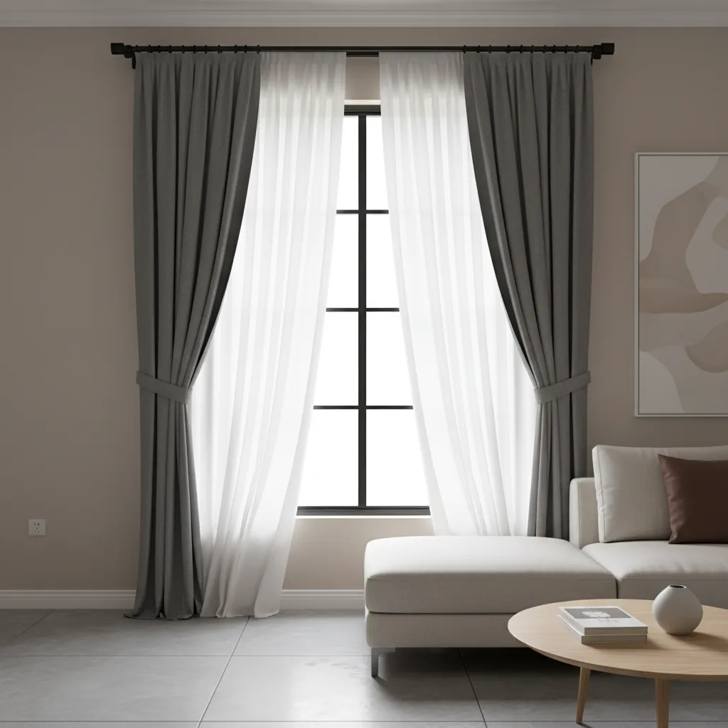 Layered curtain setup with sheer white panels behind dark drapes in a small living room