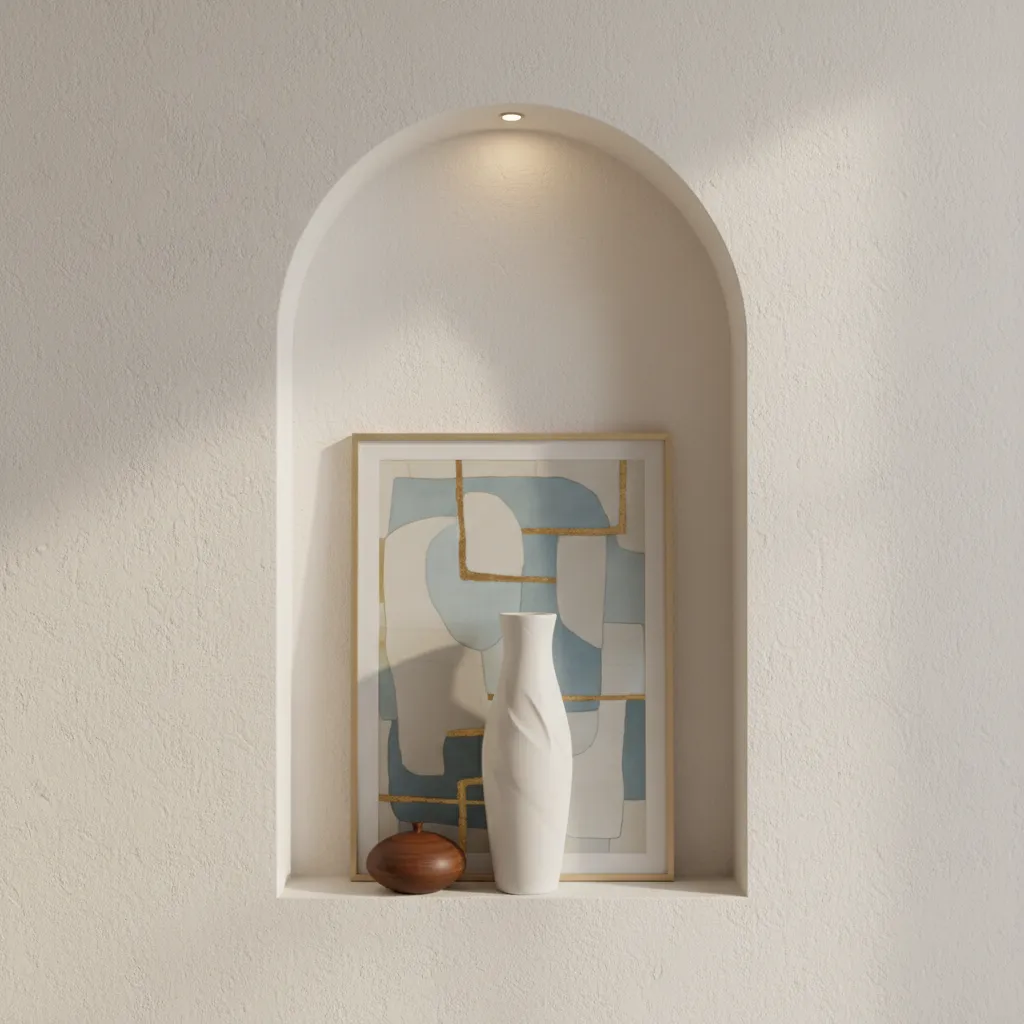 Layered decor arrangement inside a half arch niche with artwork and pottery