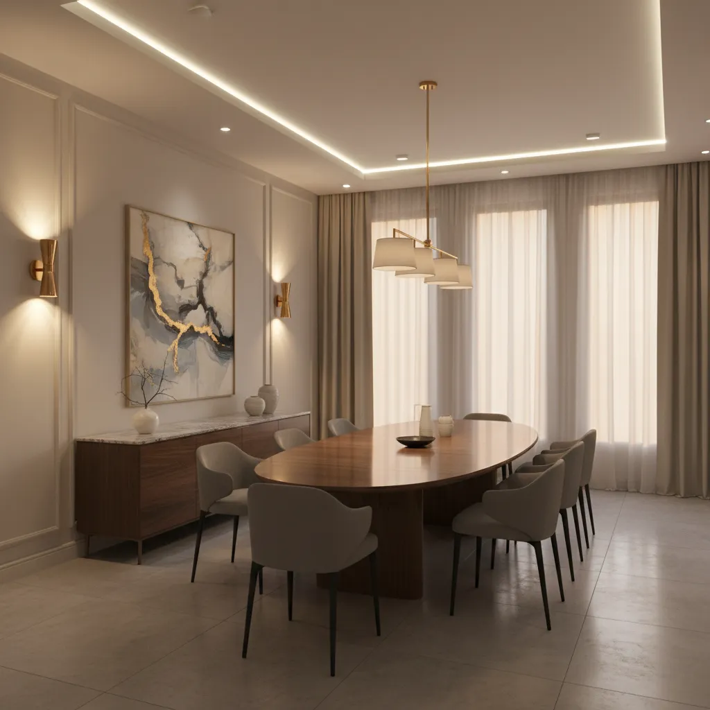 Dining room showing swag lamp combined with wall sconces and ambient lighting