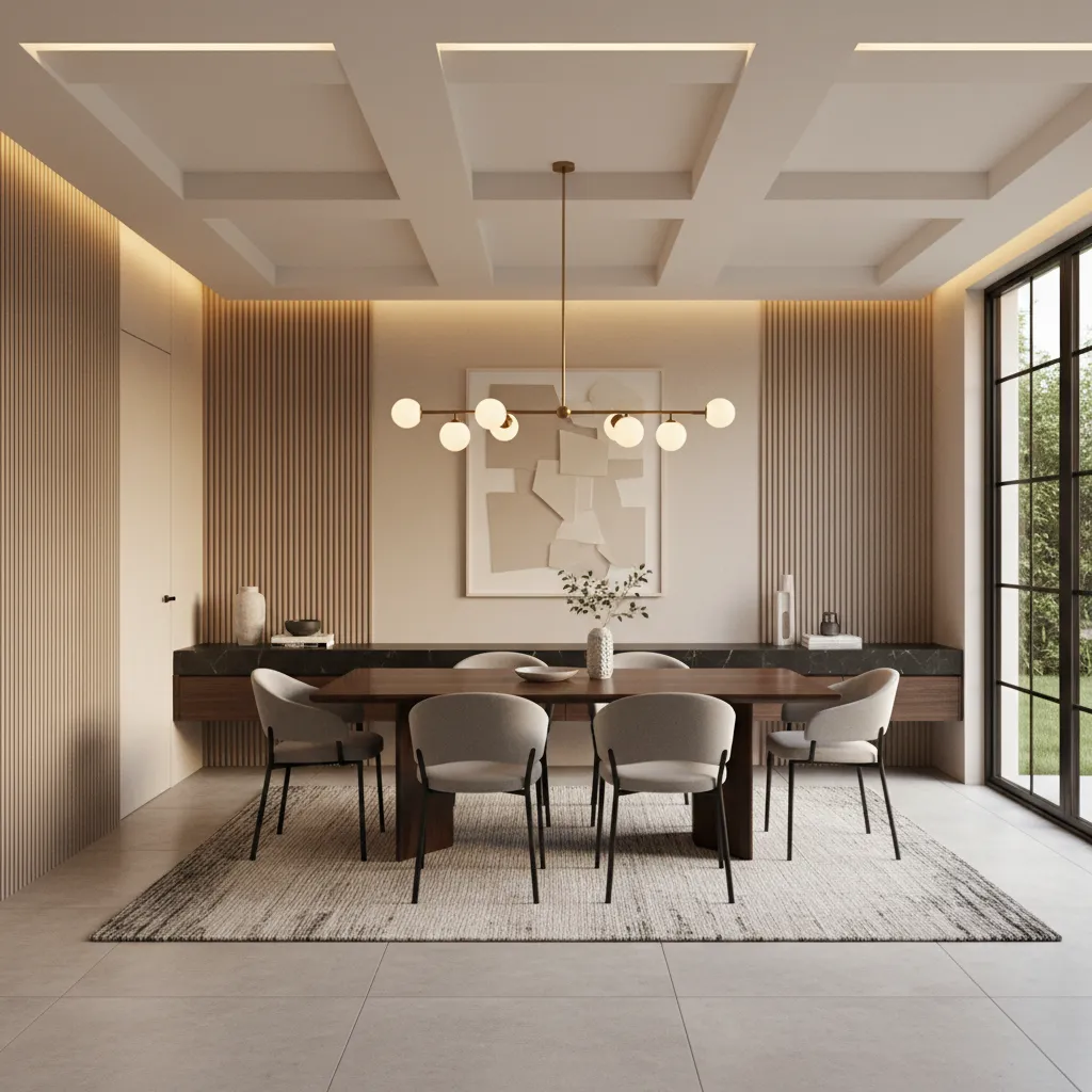 Dining room with layered lighting including recessed lights and pendant fixture