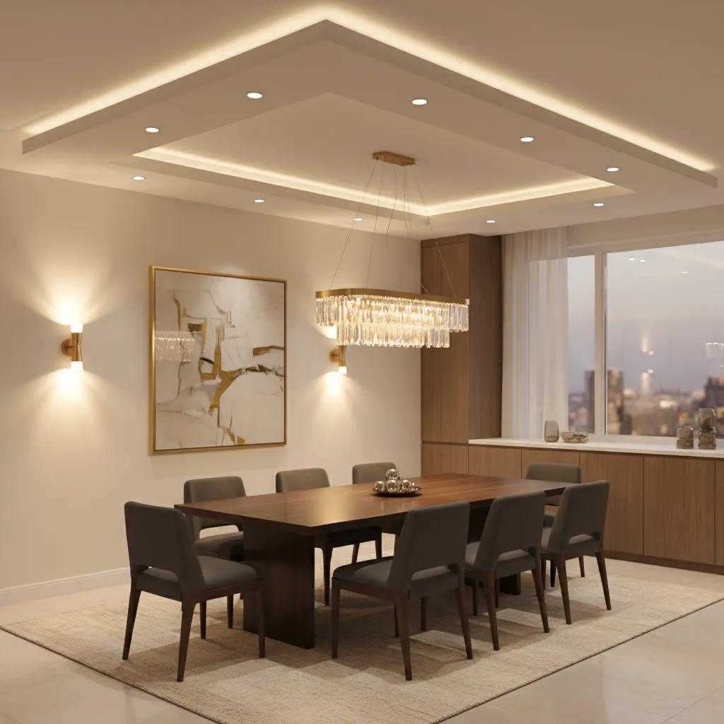 dining room showing chandelier recessed lights and wall sconces layered lighting