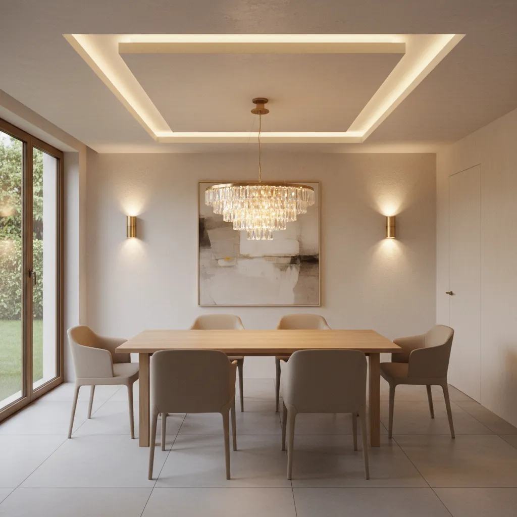 Dining room showing chandelier, recessed lighting and wall sconces layered together