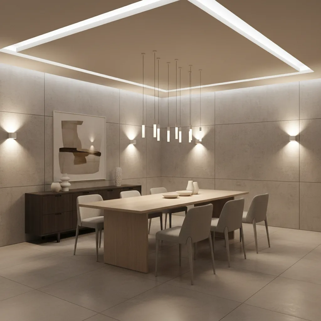 layered lighting dining room with pendant lights and wall sconces