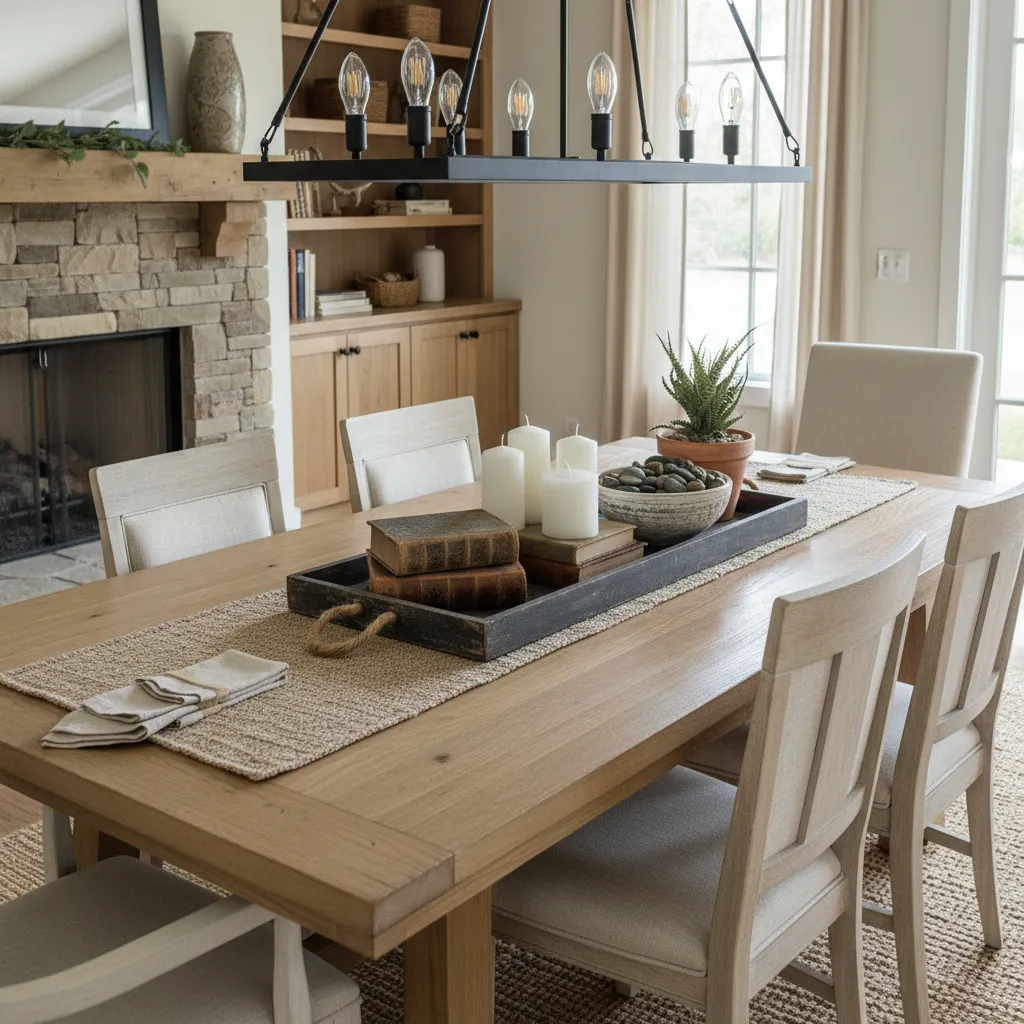 Dining table styled with layered decor candles and books