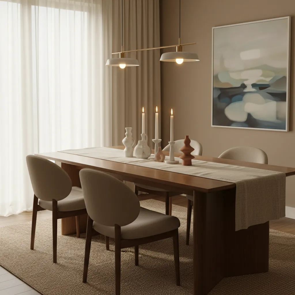 Dining table decorated with linen runner candles and ceramic decor