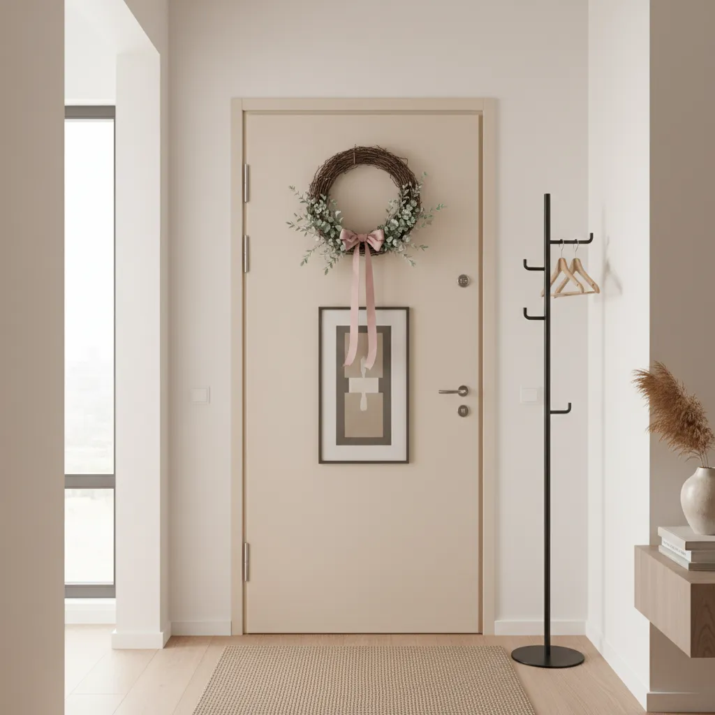 layered door decoration with wreath and ribbon in compact entryway