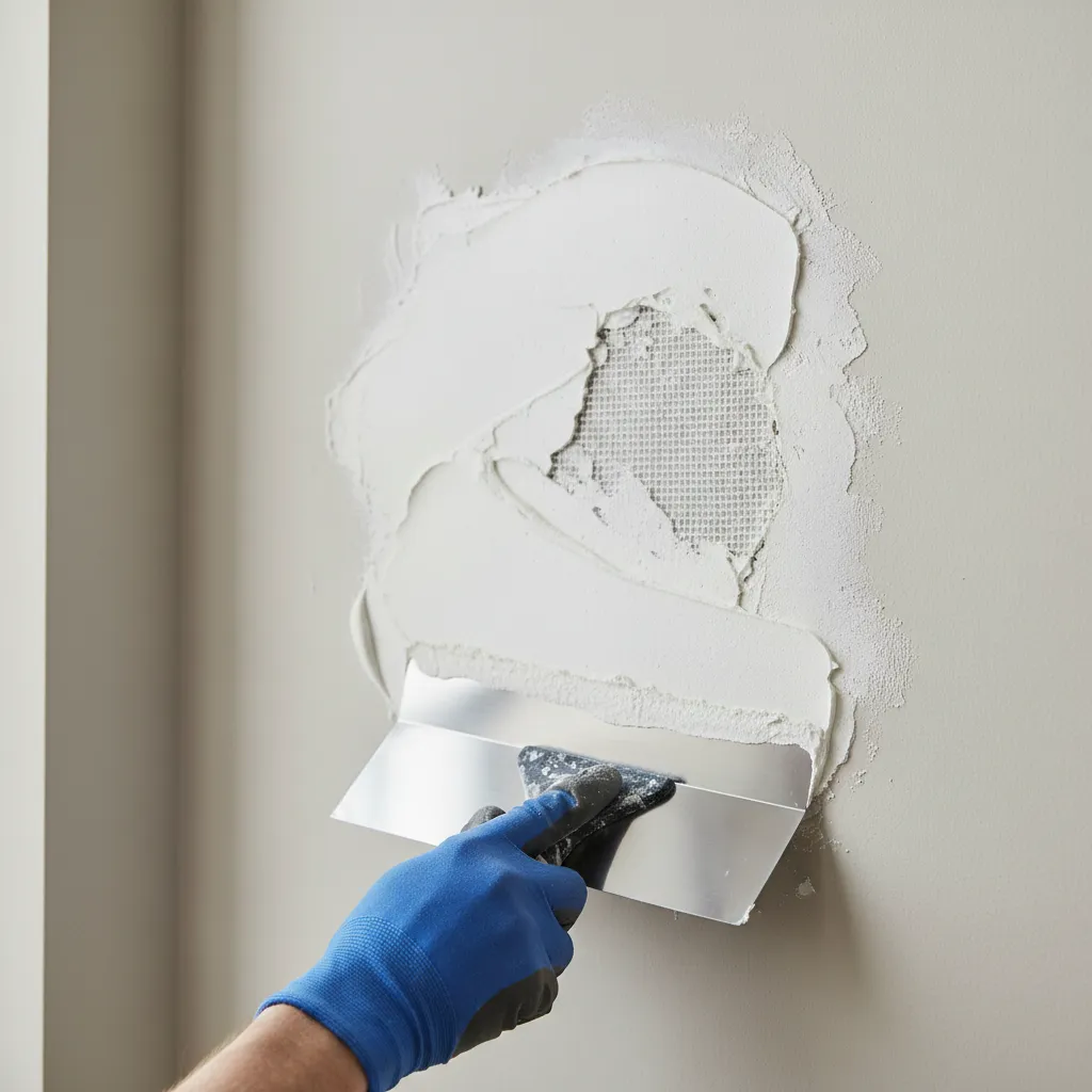 Drywall repair process showing layered joint compound over mesh patch