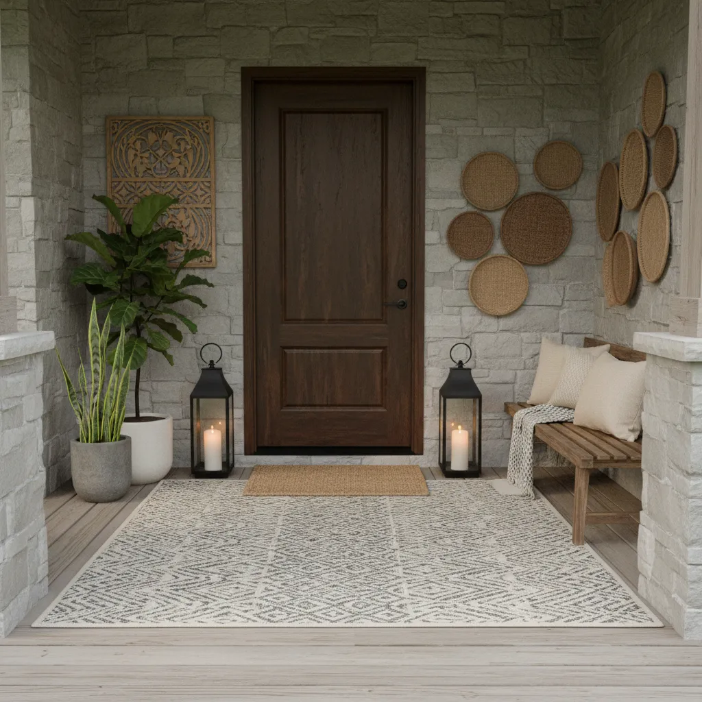 layered porch decor with plants lanterns and rug balancing entryway