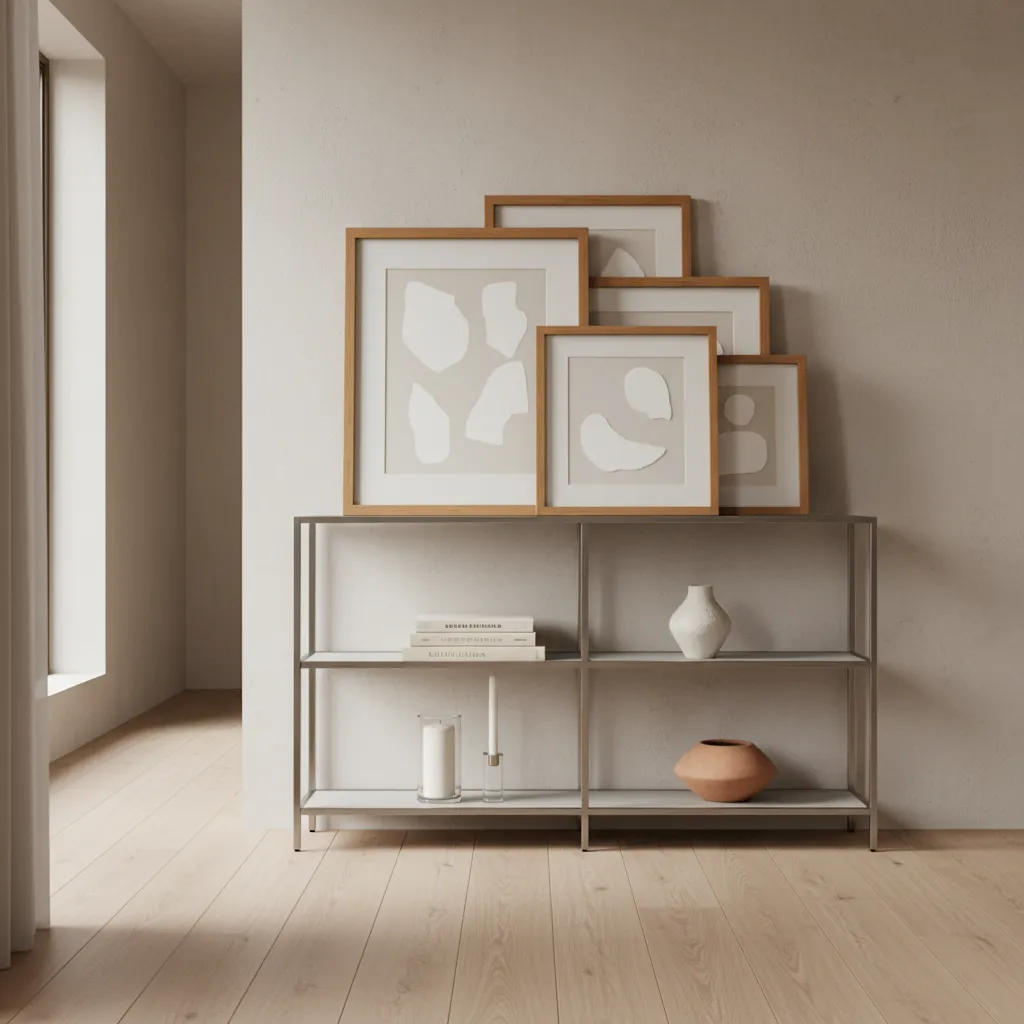 Layered decor on etagere shelf showing artwork behind objects and stacked books