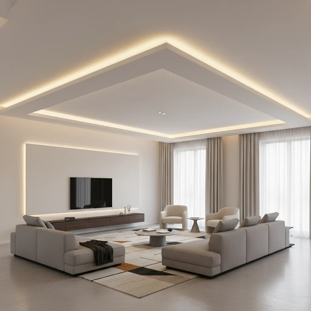layered gypsum false ceiling following L shaped hall layout