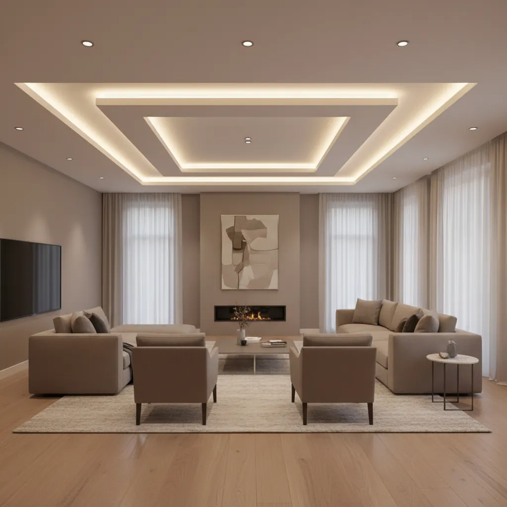 Layered false ceiling with LED strip lighting in living room