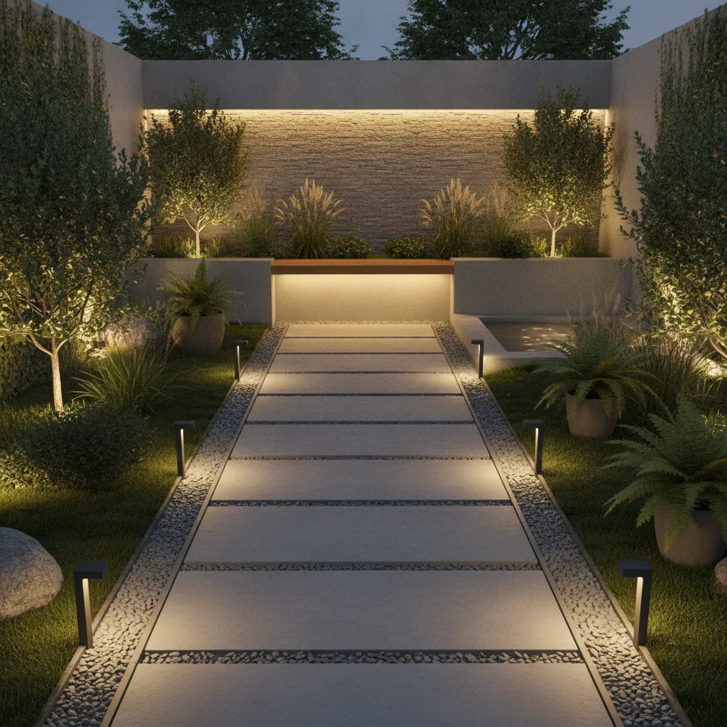 small courtyard pathway using layered lighting with path lights and plant uplighting