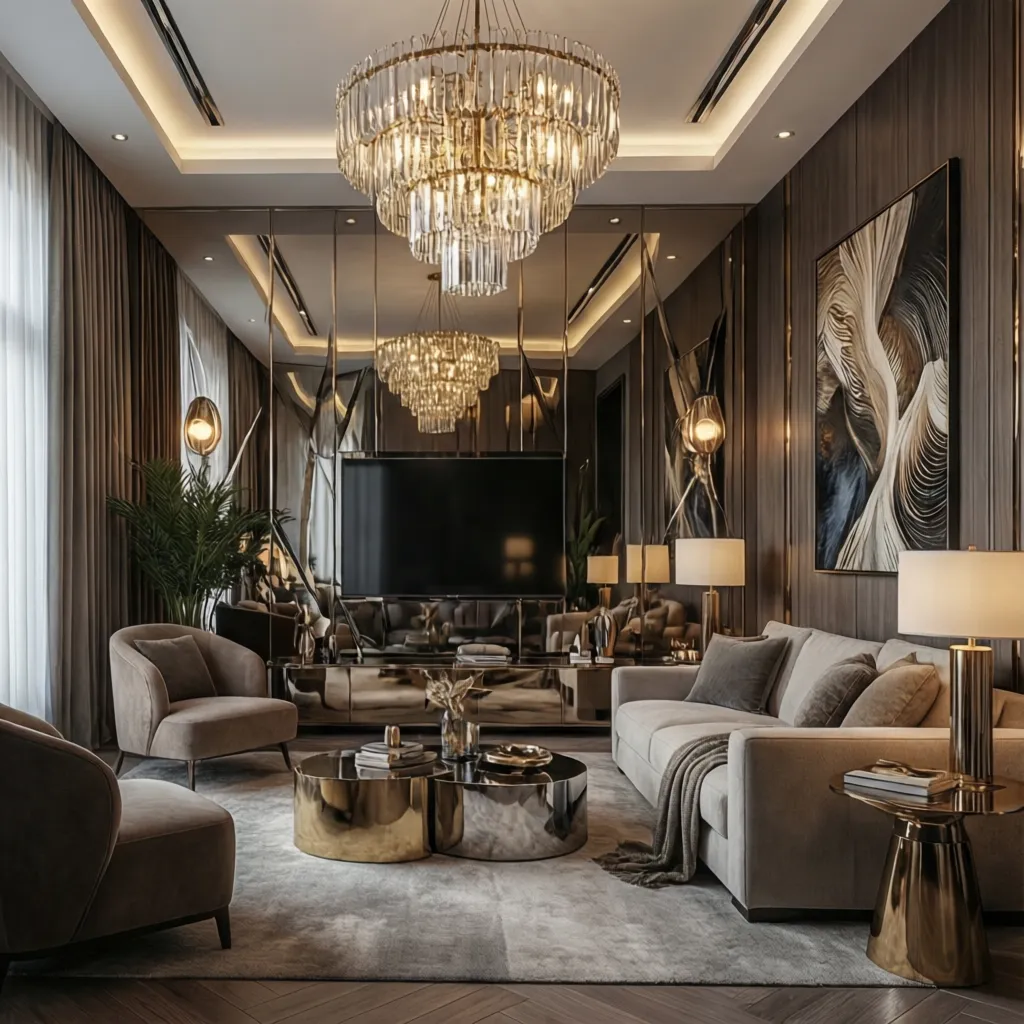 Interior showing layered glam elements chandelier mirror and metallic table