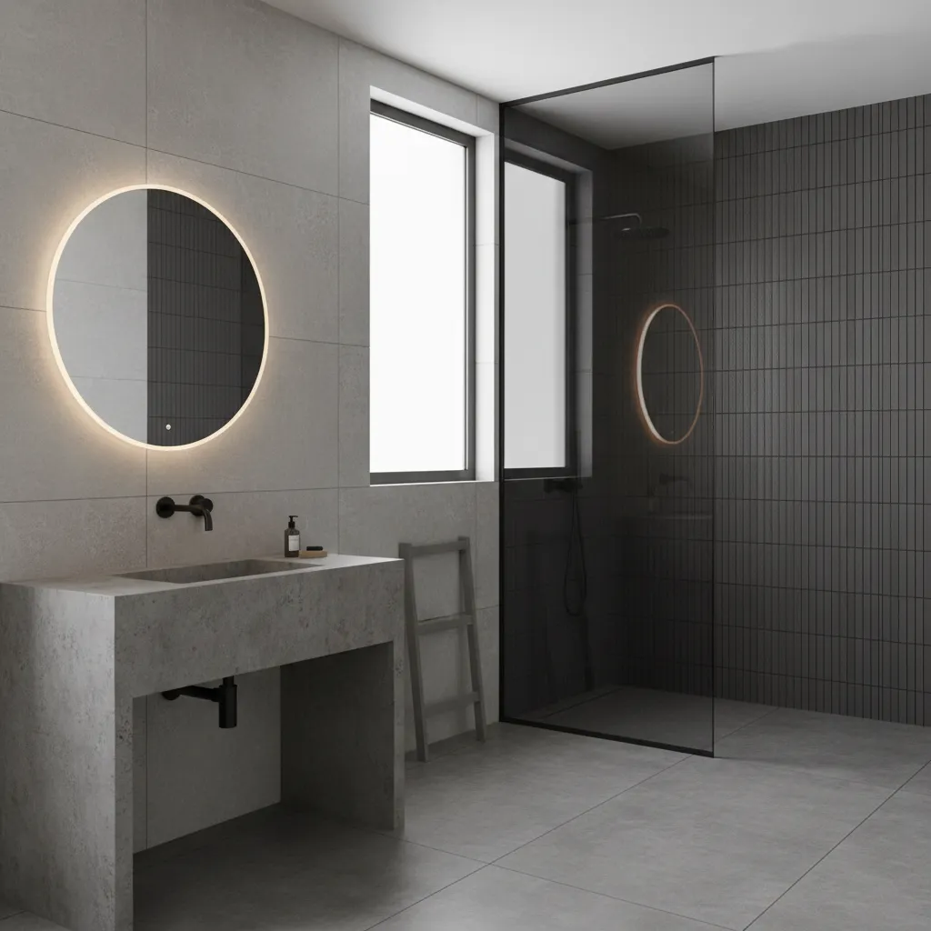 bathroom with layered grey tiles concrete vanity and black fixtures